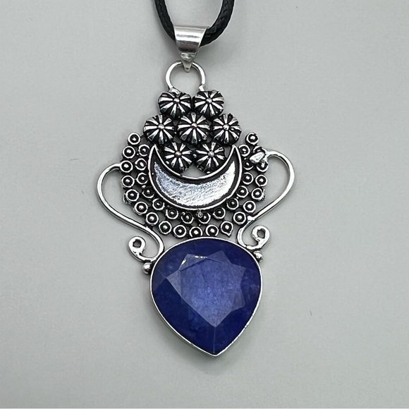 New Faceted Enhanced Sapphire Stone Silver Overlay Pendant Necklace with Cord - Picture 5 of 6